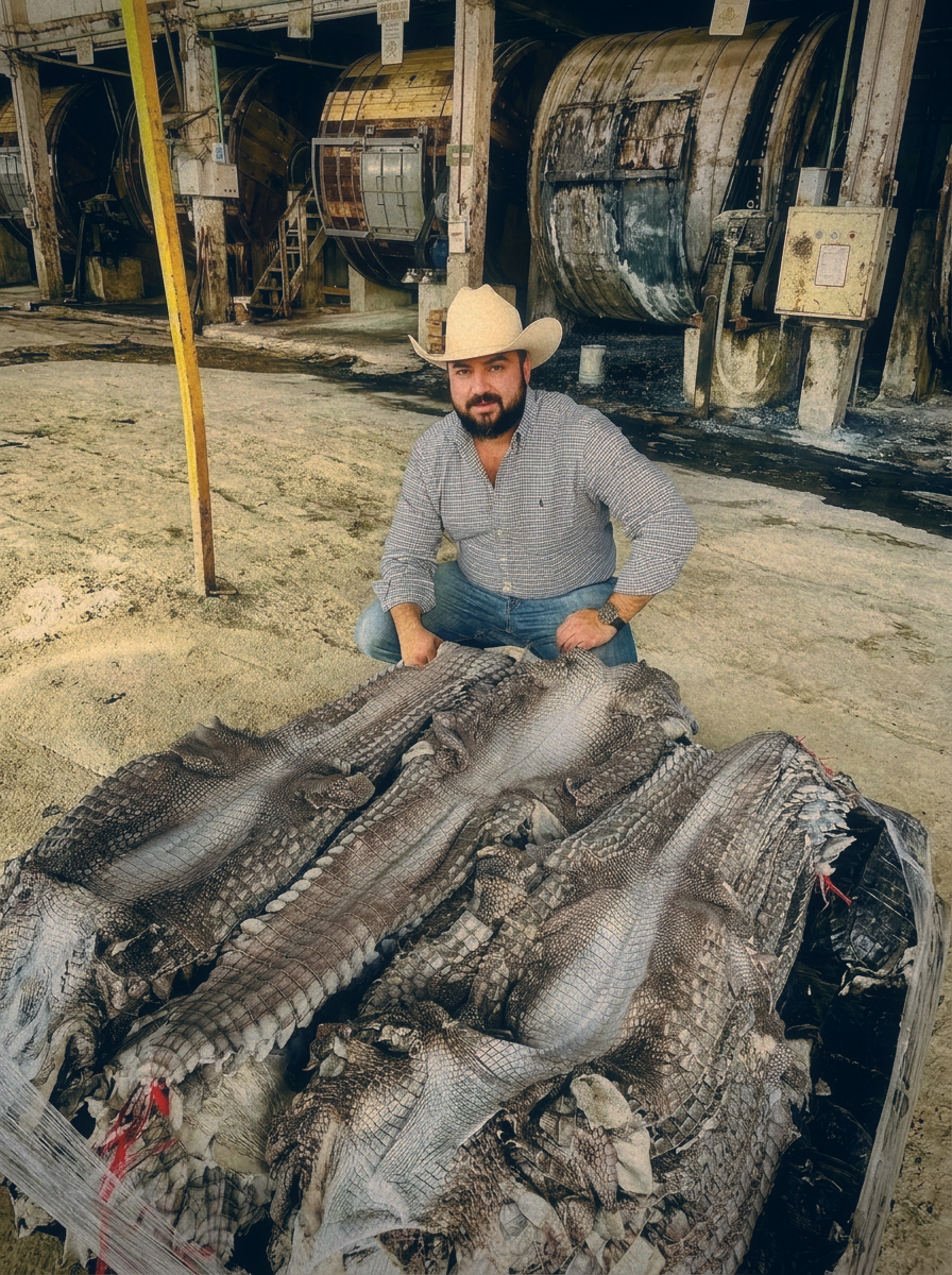 Gorge Marroquín, founder of Texas Exotic, holding a black crocodile boot in the boutique