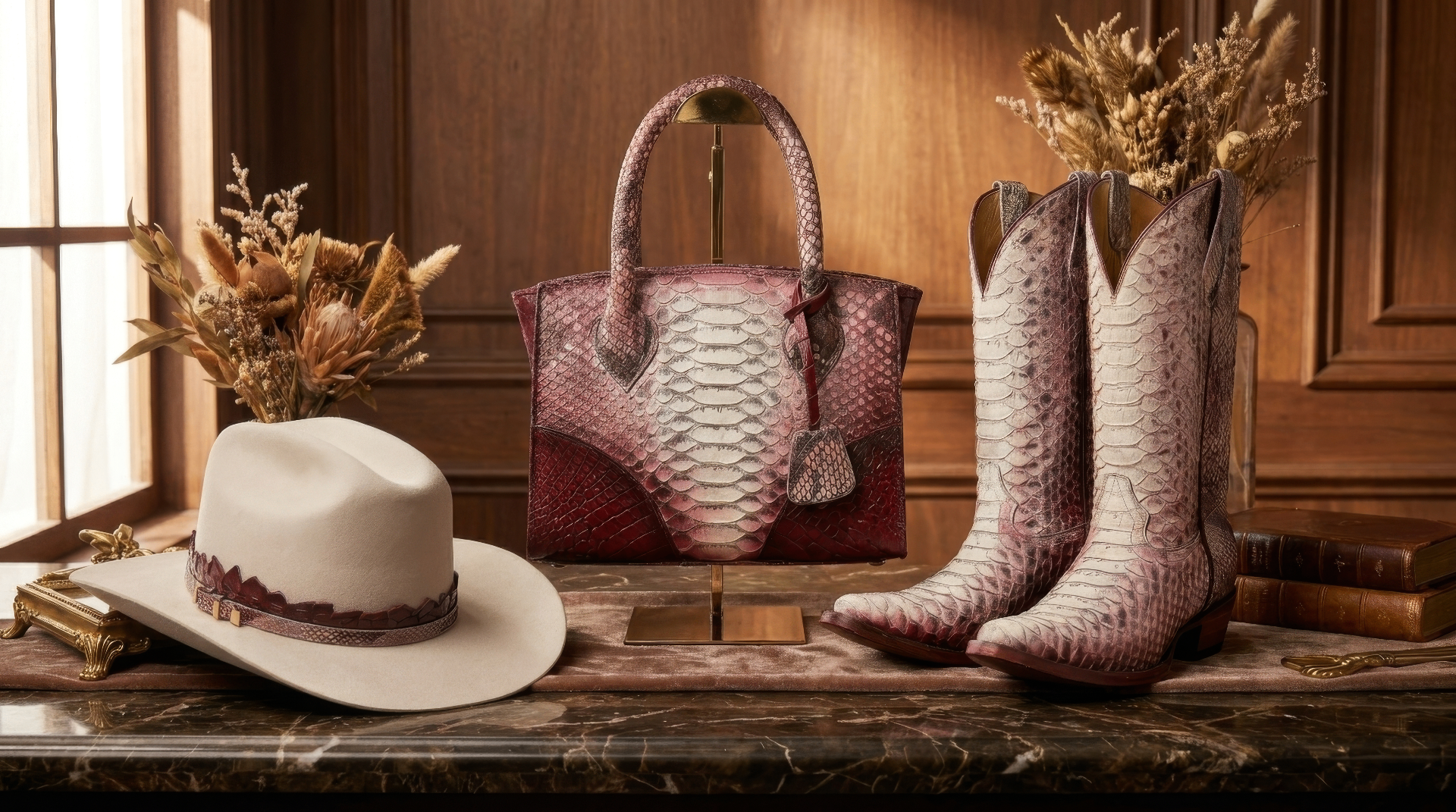 New women's python leather collection with matching hat, handbag and boots